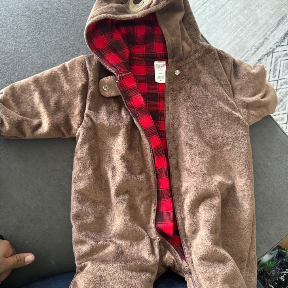 Brown Hooded Baby Onesie with Red Plaid Lining